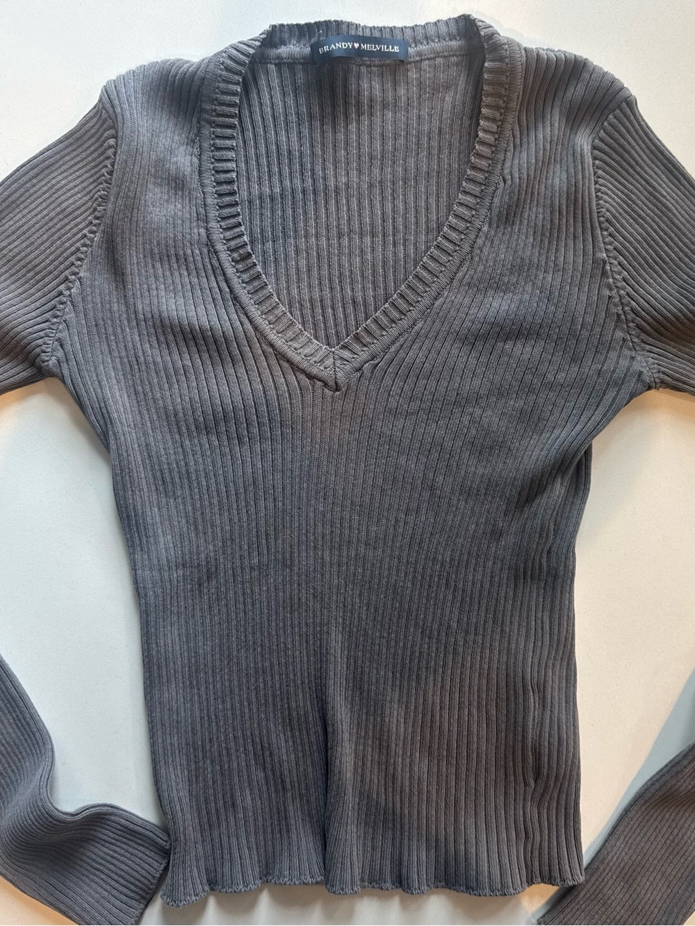Brandy Melville Dark Gray Ribbed V-Neck Sweater